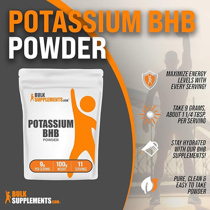 BulkSupplements.com Potassium BHB Powder - Beta-HydroxyButyrate Powder, BHB Salts, BHB Supplement - Electrolytes Supplement, Gluten Free, 9g per Serving, 100g (3.5 oz) (Pack of 1)