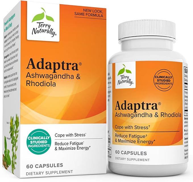 Terry Naturally Adaptra - 60 Capsules - Ashwagandha & Rhodiola Supplement - Non-GMO, Gluten Free - 60 Servings