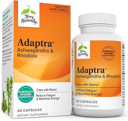 Terry Naturally Adaptra - 60 Capsules - Ashwagandha & Rhodiola Supplement - Non-GMO, Gluten Free - 60 Servings