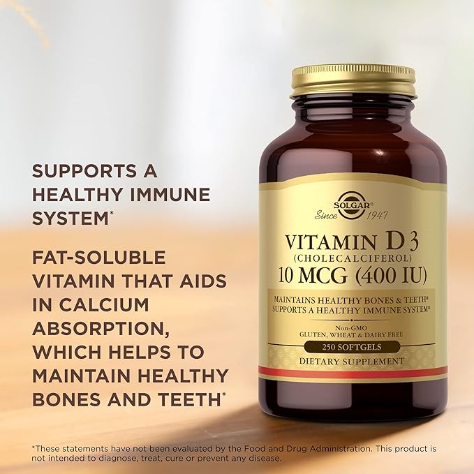 Solgar Vitamin D3 (Cholecalciferol) 10 MCG (400 IU), 250 Softgels - Helps Maintain Healthy Bones & Teeth - Immune System Support - Non-GMO, Gluten Free, Dairy Free - 250 Servings