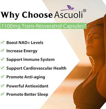 99% Ultra Purity Ascuoli Trans-Resveratrol 1100mg, 3-in-1 Advanced Formula Organic Resveratrol Supplement, Max Antioxidant Anti-Aging, Skin Health, Cell Repair Boost NAD+, Immune & Energy, 120 Capsule