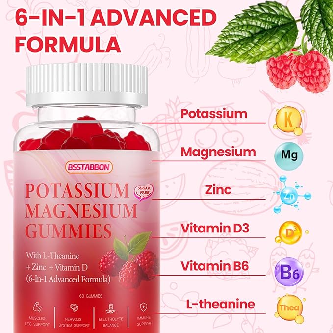 Potasium Magnesium Gummies -320mg Magnesium,100mg Potassium with L-Theanine Zinc Vitamine D for Men and Women 60 Count (60 Count)