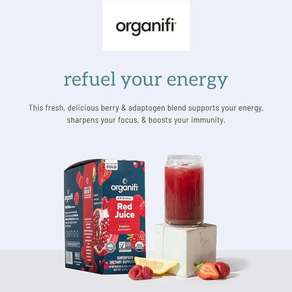 Organifi Red Juice - Vegan Energy Powder - Berry-Flavored Adaptogen Drink - Caffeine Free, 14 Go Packets