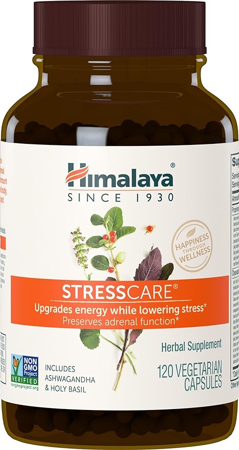 Himalaya StressCare Herbal Supplement, Supports Stress Relief, Energy Support, Relaxation, Occasional Sleeplessness, Ashwagandha, Holy Basil/Tulsi, Gotu Kola, Non-GMO, Vegetarian, 120 Capsules