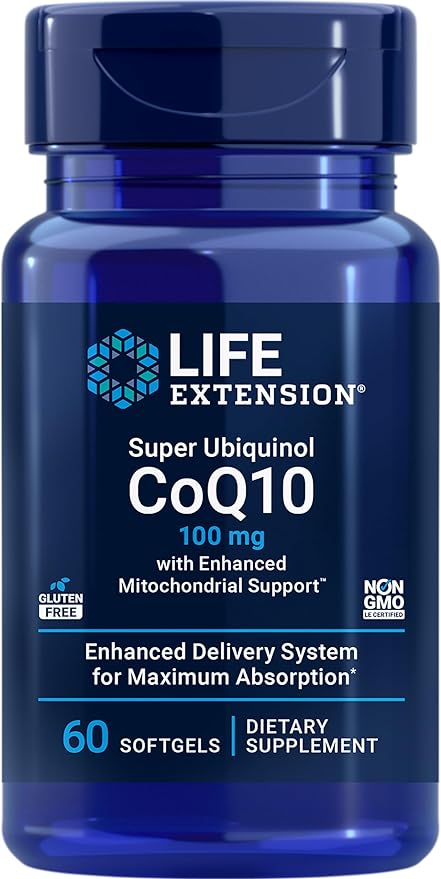 Life Extension Super Ubiquinol CoQ10 with Enhanced Mitochondrial Support, ubiquinol CoQ10, shilajit, potent heart health & cellular energy production support, ultra-absorbable, gluten-free, 60 softgel