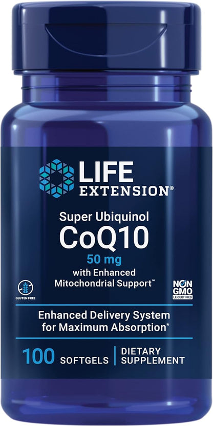 Life Extension Super Ubiquinol CoQ10 with Enhanced Mitochondrial Support, heart health supplement, maximum absorption, 50 mg, non-GMO, gluten-free, 100 softgels