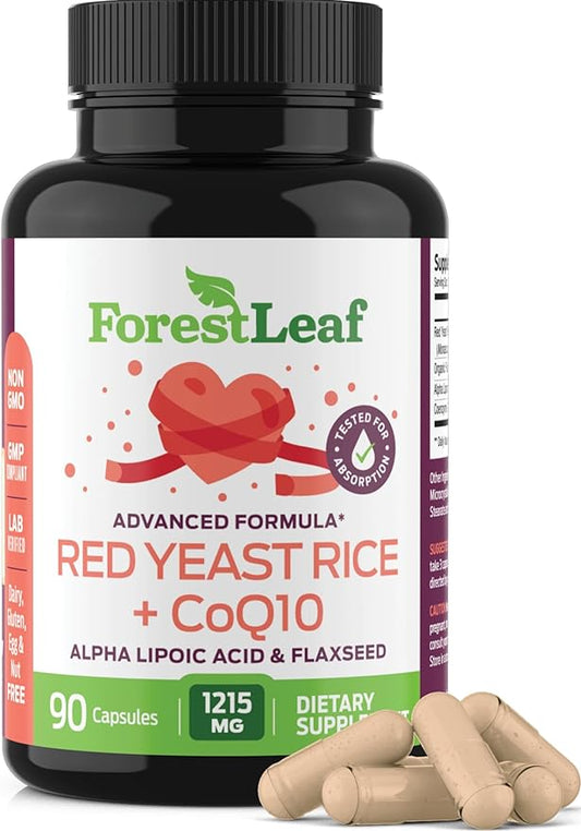 ForestLeaf Red Yeast Rice with CoQ10 Supplement - 1215mg Extra Strength Red Yeast Rice Capsules with Alpha Lipoic Acid & Organic Flaxseed, Citrinin Free, Supports Cardiovascular Health, Vegan 90 Count