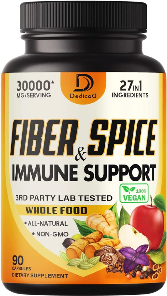 27in1 Fiber and Spice Supplement 30000Mg - Combined with Organic Psyllium, Whole Apple, Elderberry & more - Support Mood, Body & Immunity - 90 Capsules for 1 Month