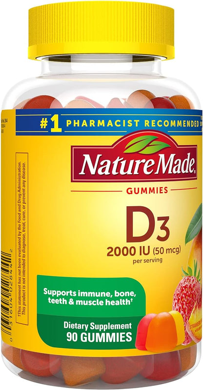 Nature Made Vitamin D3 2000 IU (50 mcg) per serving, Dietary Supplement for Bone, Teeth, Muscle and Immune Health Support, 90 Gummies, 45 Day Supply