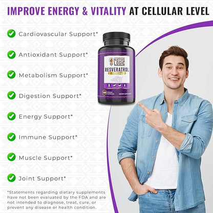 Trans-Resveratrol with Antioxidants 180 Capsules with Acai Berry, Grape Seed, and Green Tea Leaf Extract, 1450mg. Supports Cardiovascular Health and Immune System