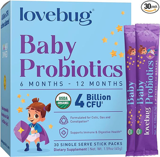 Lovebug Award Winning USDA Organic Probiotic for Babies | Multi-Strain 4 Billion CFU | Easy-to-Take Powder | Sugar Free | Ages 6-12 Months | 30 Packets