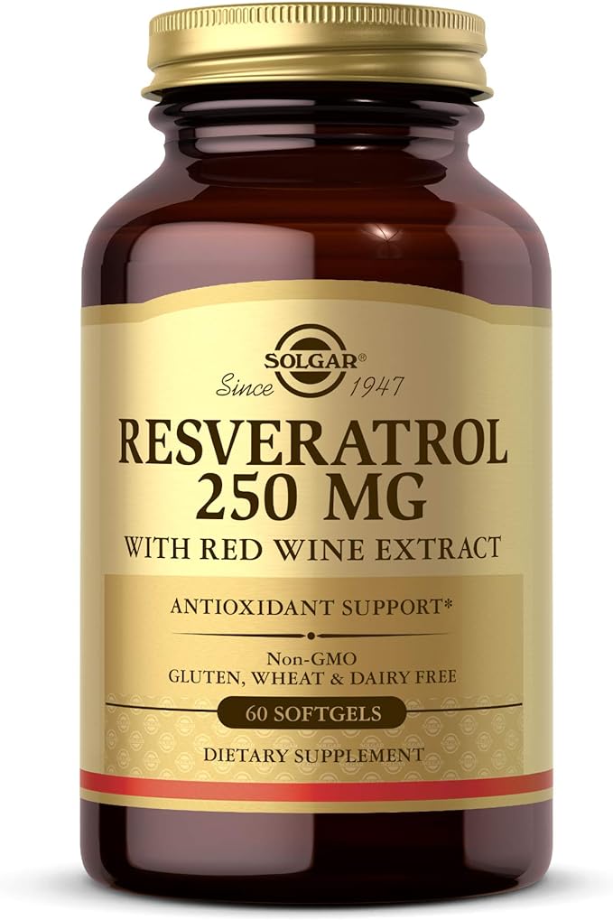 Solgar Resveratrol with Red Wine Extract, 250 mg, 60 Softgels - Antioxidant Protection - Immune Support - Red Wine Polyphenol - Non-GMO, Gluten Free, Dairy Free - 60 Servings