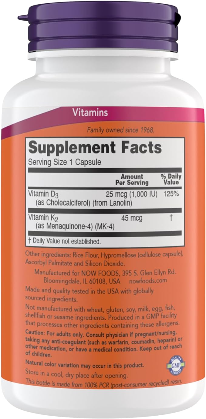 Now Supplements Vitamin D3 K2, 1,000 IU/45 mcg, Cardiovascular Support, Supports Bone Health, 180 Vegetarian Capsules - Vegan, Gluten Free, Kosher Vitamin D3 and K2 Supplements (Pack of 1)