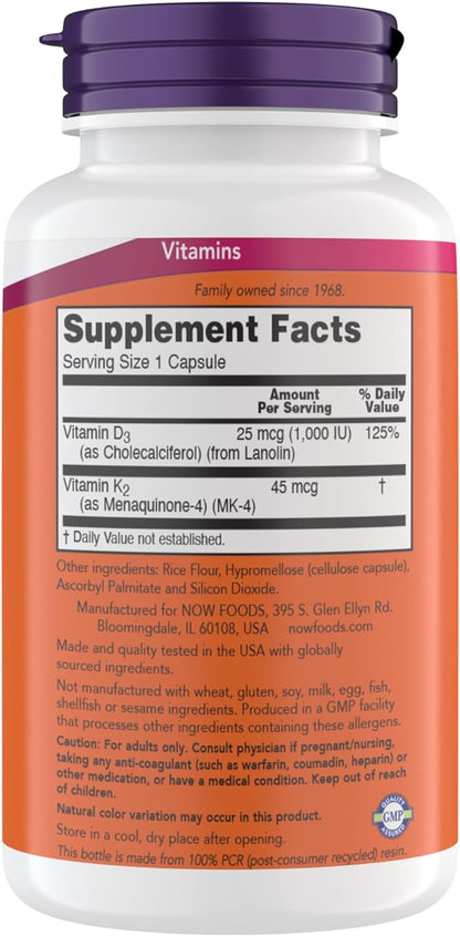 Now Supplements Vitamin D3 K2, 1,000 IU/45 mcg, Cardiovascular Support, Supports Bone Health, 180 Vegetarian Capsules - Vegan, Gluten Free, Kosher Vitamin D3 and K2 Supplements (Pack of 1)