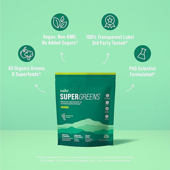 Nello Supergreens Premium Superfood Greens Drink Mix w/Chlorella, Moringa, Spinach & Broccoli + Digestive Enzymes & Probiotic Blend -Nutrient-Packed Powder Wellness (Apple Pear, 20 SRV, Travel Pack)