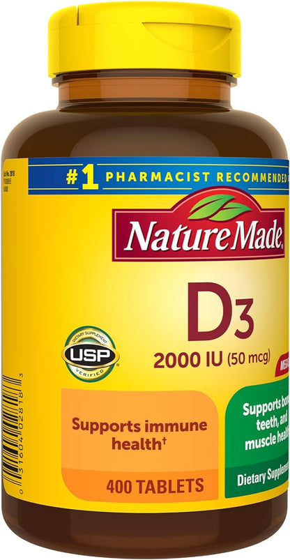 Nature Made Vitamin D3 2000 IU (50 mcg), Dietary Supplement for Bone, Teeth, Muscle and Immune Health Support, 400 Tablets, 400 Day Supply