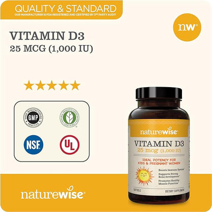 NatureWise Vitamin D3 1000iu (25 mcg) Healthy Muscle Function, and Immune Support, Non-GMO, Gluten Free in Cold-Pressed Olive Oil, Packaging Vary (Mini Softgel), 90 Count