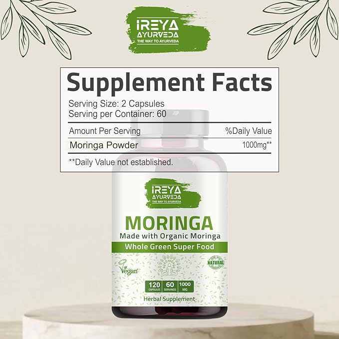 Organic Moringa Capsule 1000 mg (120 Capsules), Moringa Capsules Made from Organic Raw Dried Moringa Leaf Powder | Non-GMO Whole Green Super Food Nutrition 60 Days Supply