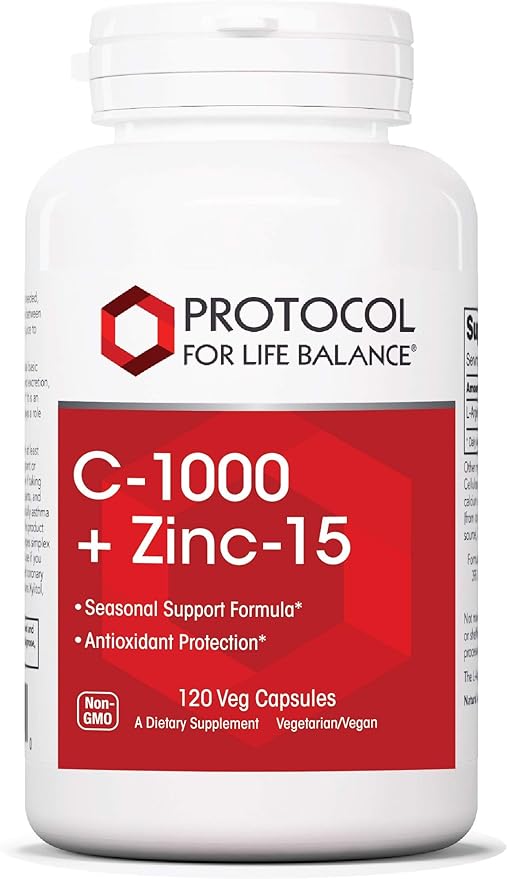 Protocol C-1000 + Zinc-15 - Vitamin C & Zinc Bisglycinate - Immune Support Supplement* - Antioxidants Supplement* - with Ascorbic Acid - 120 Veg Capsules