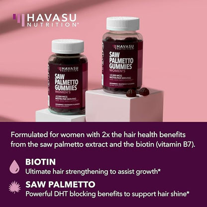 Saw Palmetto for Women + 2500 mcg Biotin Gummies | DHT Blocker and Biotin Gummies for Hair Skin and Nails | Supports Stronger Appearance of Hair for Women Post-Partum | 120 Vegan Saw Palmetto Gummies