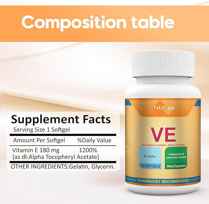 Vitamin-E 180-mg DL-Alpha Tocotrienols-Capsules - 100Softgels Heart and Immune Support Dietary Suppositories for Women Antioxidant Support