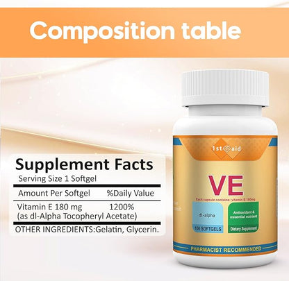 Vitamin-E 180-mg DL-Alpha Tocotrienols-Capsules - 100Softgels Heart and Immune Support Dietary Suppositories for Women Antioxidant Support