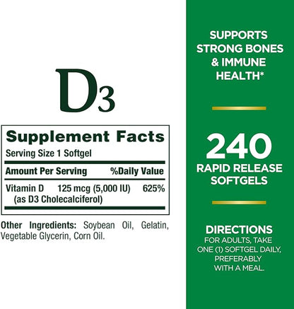 Nature's Bounty Vitamin D3, Immune Support, 125 mcg (5000iu), Rapid Release Softgels, 240 Ct