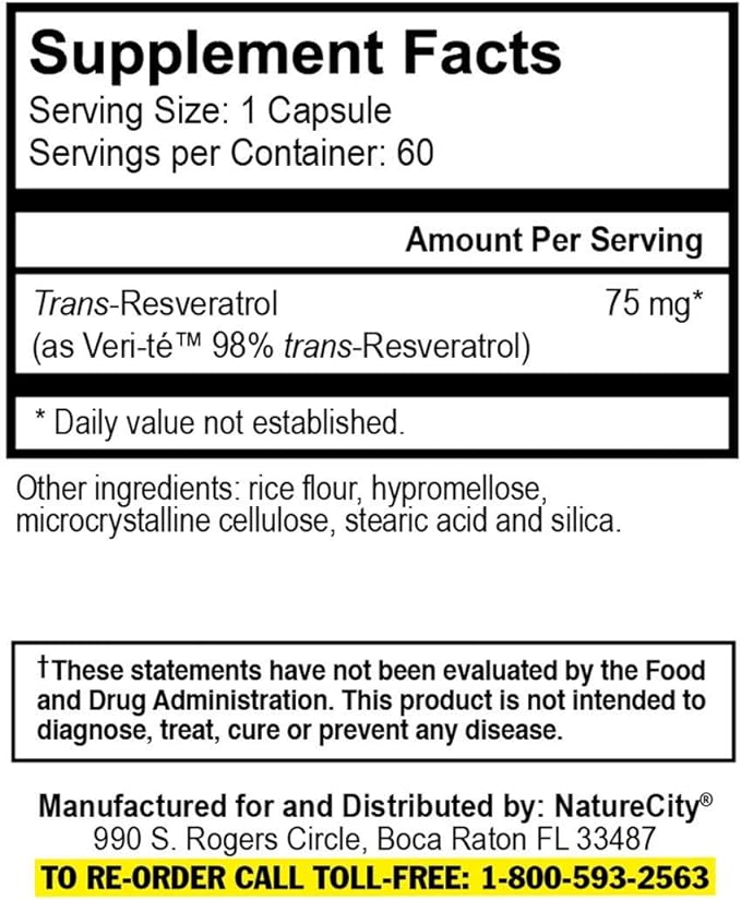 True-Resveratrol - 75mg of 98% Pure Veri-te | Trans-Resveratrol Antioxidants Supplement (60 Veggie Capsules) | Anti Aging Supplement | Immune, Bone, and Cognitive Support | Knotweed Free