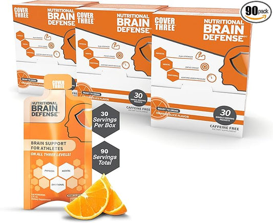 Cover Three Nootropic Brain Supplement for Athletes & Active Adults - Assist Focus, Memory, Clarity, Recovery - Trans Resveratrol, Omega 3 DHA EPA, Uridine, Alpha GPC - Orange Flavor 30 Count (3)