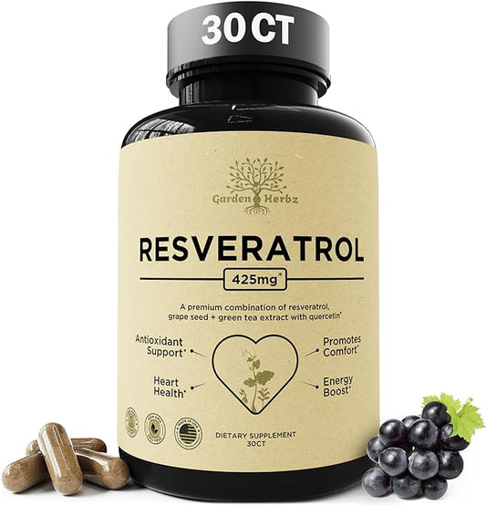 Quercetin & Resveratrol Supplement with Grape Seed – 425mg Herbal Blood Pressure Support & Heart Health Supplement – Polyphenols & Antioxidants for Cardiovascular Function, 30Ct