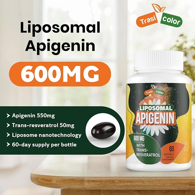 Liposomal Apigenin 550mg - High Bioavailability Apigenin Supplements, Apigenin Support with Trans-Resveratrol 50mg, Apigenina - Flavonoid Antioxidants, 60 Softgels