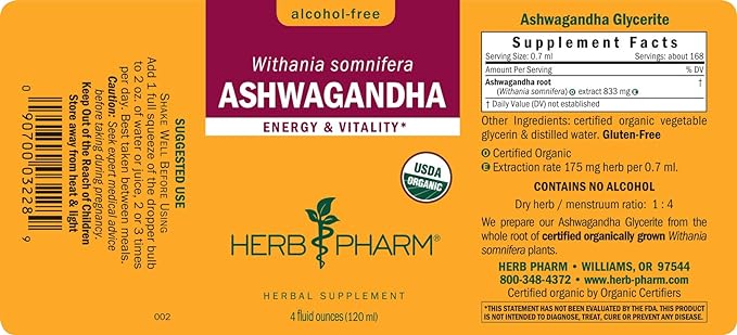 Herb Pharm Certified Organic Ashwagandha Extract Drops for Traditional Support for Energy and Vitality, Alcohol-Free Glycerite, 4 Oz