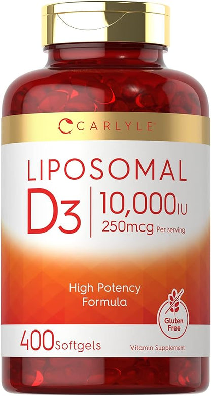 Carlyle Vitamin D3 Liposomal | 10,000 iu | 400 Softgels | Non-GMO and Gluten Free Formula | High Potency Vitamin D Supplement