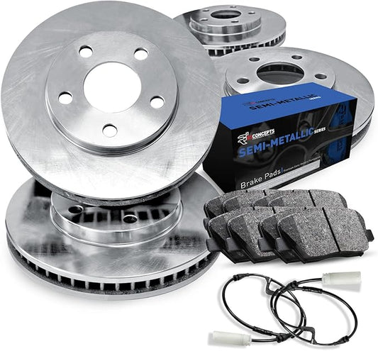 R1 Concepts Front Rear Brakes and Rotors Kit |Front Rear Brake Pads| Brake Rotors and Pads| Semi Metallic Brake Pads and Rotors |Sensor Kit|fits 2014-2015 Mercedes-Benz CLA250