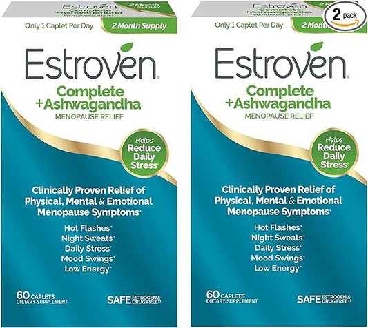 Estroven Complete + Ashwagandha Multi-Symptom Menopause Supplement for Women - Clinically Proven Ingredients Provide Menopause Relief & Night Sweats + Hot Flash Relief* - 4 Month Supply (Pack of 2)