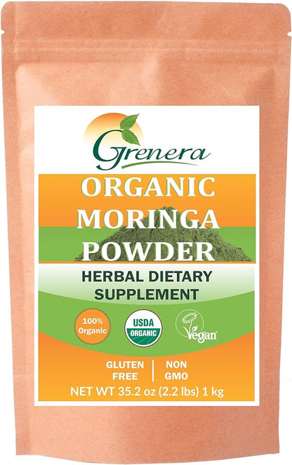 Grenera Organic Moringa Powder - 2.2 lbs (35.2 oz) | Moringa Oleifera Leaf Powder Lab Tested for Purity | Moringa Powder Organic Perfect for Smoothies, Drinks, Tea & Recipes | 100% Raw from India