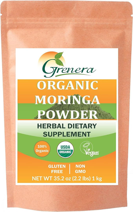 Grenera Organic Moringa Powder - 2.2 lbs (35.2 oz) | Moringa Oleifera Leaf Powder Lab Tested for Purity | Moringa Powder Organic Perfect for Smoothies, Drinks, Tea & Recipes | 100% Raw from India