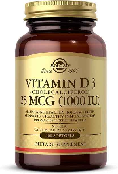 Solgar Vitamin D3 (Cholecalciferol) 25 mcg (1000 IU), 100 Softgels - Helps Maintain Healthy Bones & Teeth - Immune System Support - Non-GMO, Gluten Free, Dairy Free - 100 Servings