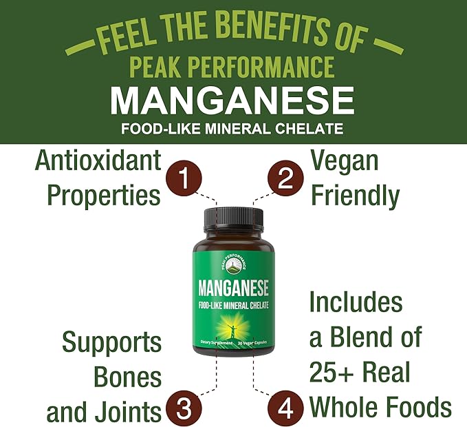 Manganese Supplement Food Like Mineral Chelated For Superior Absorption With Whole Food Blend Of 25+ Fruits & Vegetables. Pure Trace Mineral Capsules For Connective Tissue, Bone Health, Enzyme Support