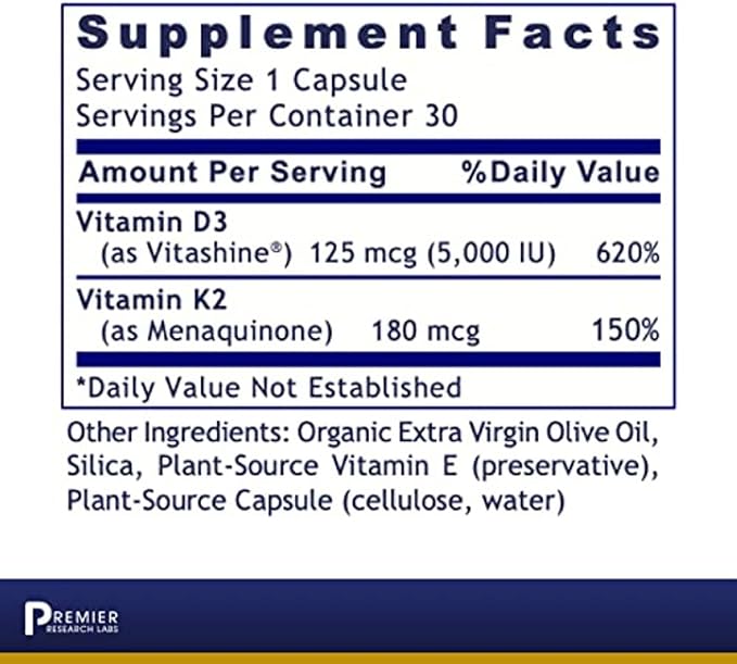 Premier Research Labs: Vitamin D3 + K2 Supplements | for Bone Support and Promotes Heart Health, Gluten-Free - 5000 IU Vegan Supplements - Tested Quality | 30 Plant-Source Based Capsules