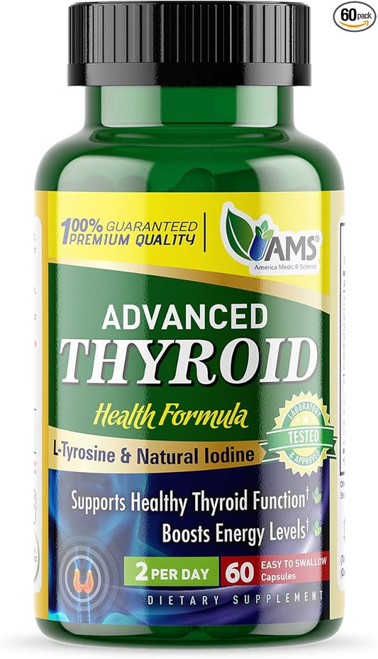 America Medic & Science Advanced Thyroid (60 Capsules) | Thyroid Support for Men and Women | Mood and Energy Booster Supplement | with Natural Ashwagandha, Iodine, Selenium, and Vitamin B12