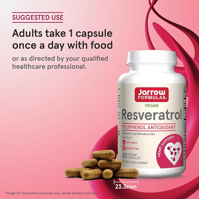 Jarrow Formulas Resveratrol 100 mg, Dietary Supplement, Antioxidant Support for Cardiovascular Function, 60 Veggie Capsules, 60 Day Supply