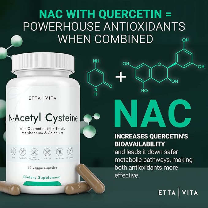 Vegan Liver Detox & Cleanse - NAC Supplement N-Acetyl Cysteine 600mg with Quercetin, Milk Thistle, Molybdenum & Selenium, N-Acetyl-Cysteine Capsules for Immune Support, Respiratory & Brain Health