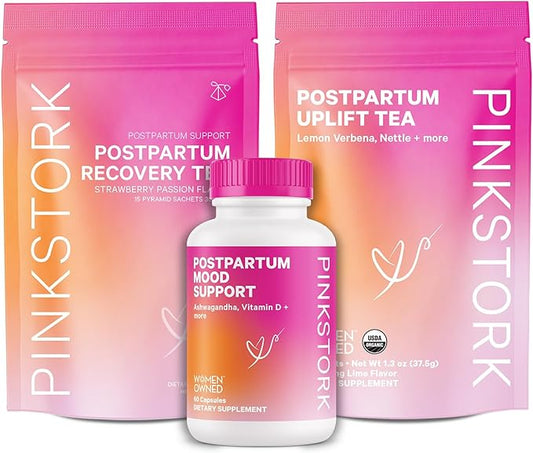 Pink Stork Postpartum Essentials for Hormone Balance, Recovery, and Mood Support for Women - Postnatal Vitamins with Ashwagandha, Raspberry Leaf Tea, and Chamomile Tea - Gifts for New Mom - Set of 3