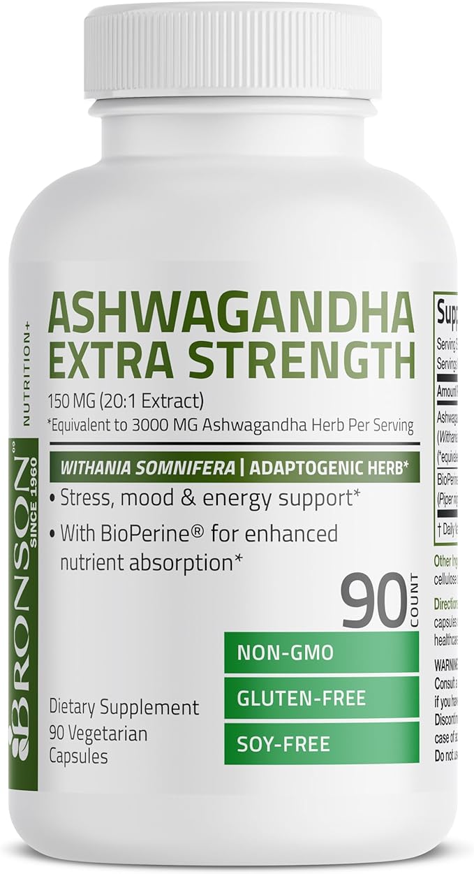 Bronson Ashwagandha Extra Strength Stress & Mood Support with BioPerine - Non GMO Formula, 90 Vegetarian Capsules