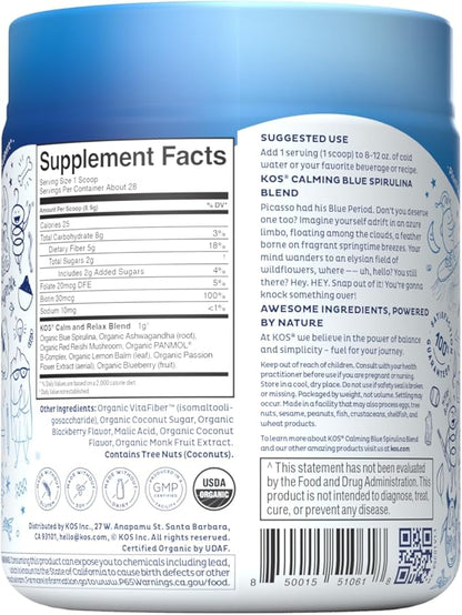 KOS Calming Blue Spirulina Blend- USDA Certified Organic - Algae Superfood Powder with Ashwagandha Root, Lemon Balm, Reishi Mushroom, B Vitamins - Berry Coconut Cooler Flavor, 28 Servings