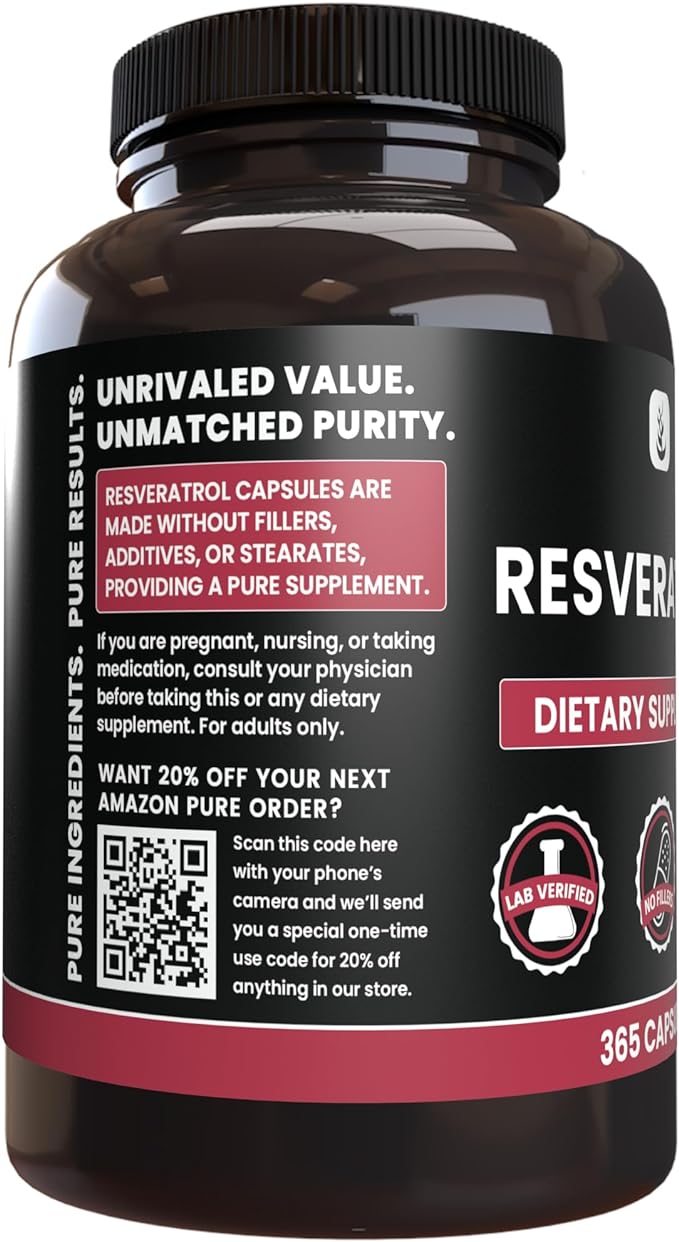 PURE ORIGINAL INGREDIENTS Resveratrol, (365 Capsules) No Magnesium Or Rice Fillers, Always Pure, Lab Verified