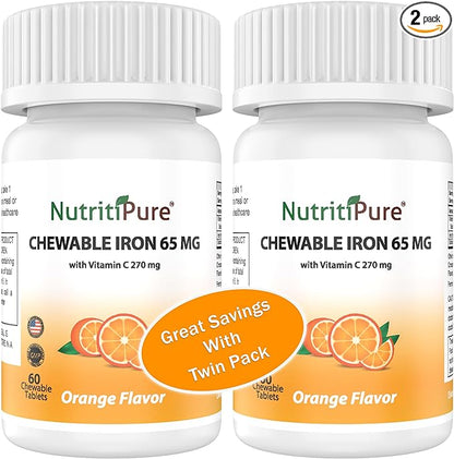 Chewable Iron 65 mg with Vitamin C 270 mg - Tablet in Orange Flavor 60 Count x 2 Bottles (Twin Pack)