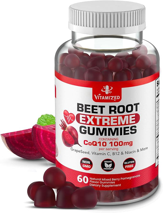 Extreme Beetroot Formula & COQ10 100mg with Grape Seed Extract, for Circulation Energy & Flow, 1500mg Beet Root Gummies Extract Gluten Free 60