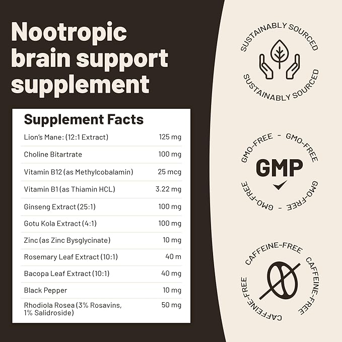 Lions Mane Mushroom Supplement Capsules Complex - Nootropic Brain Support Supplement, Lions Mane Extract - 120 Vegan Bacopa Monnieri, Gotu Kola, Ginseng Capsules - Focus Memory Support